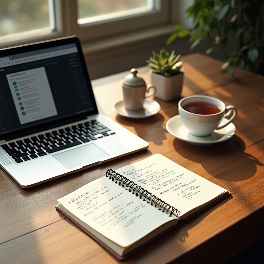 Desk with course notebook, laptop showing a site audit checklist, and a cup of tea in warm afternoon light