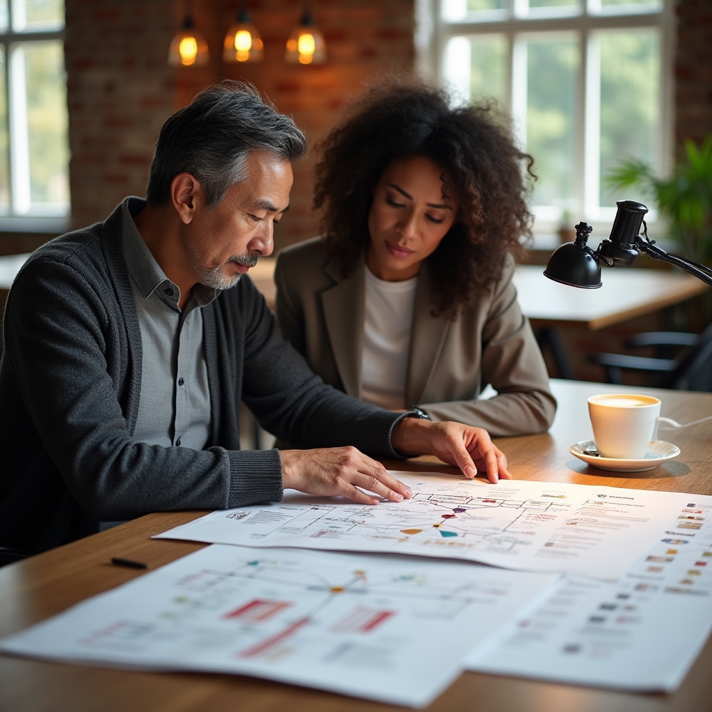 Two colleagues reviewing a printed site structure diagram showing crawl paths between pages
