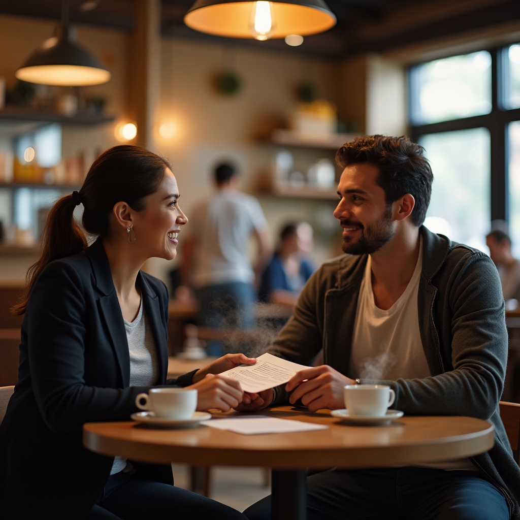 Website owner handing a written brief to a freelance developer across a cafe table