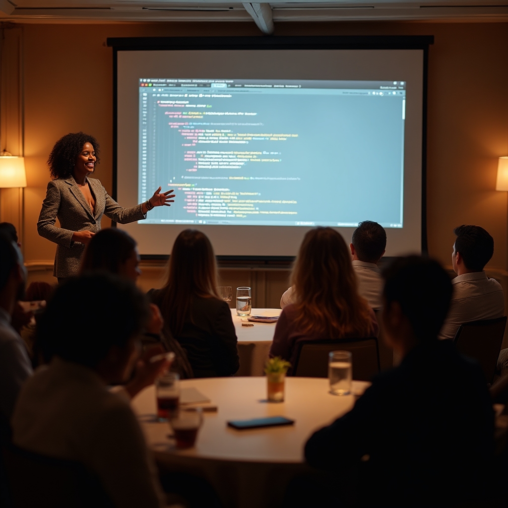 Small workshop setting with attendees looking at a projected schema markup example on a screen